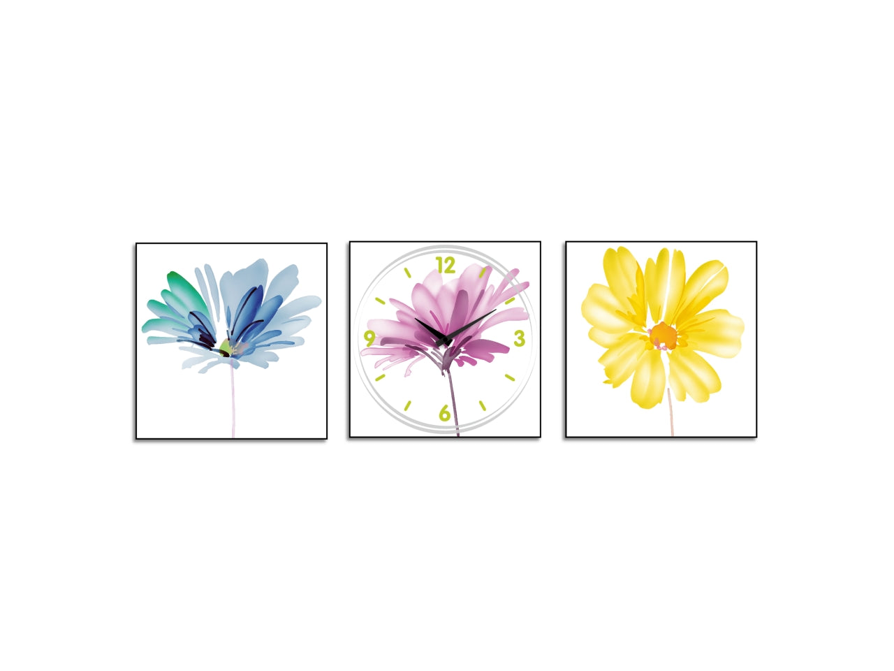 Orologio da parete e 2 quadretti con fiori 75x25cm