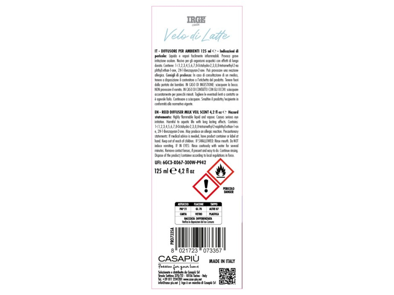 Cdv diffusore Irge ambiente 125 ml latte con bastoncini