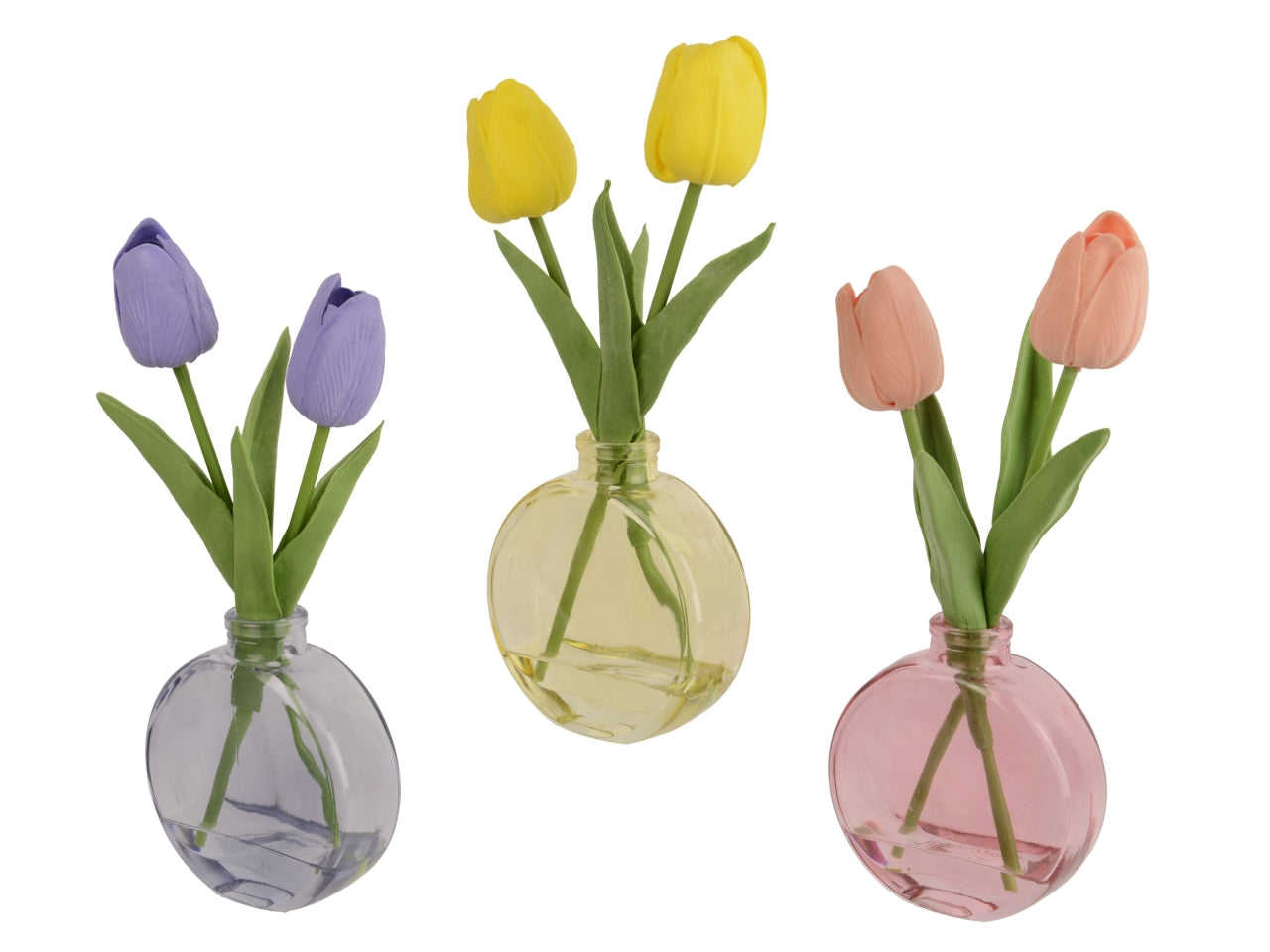 Vaso vetro c/2 tulipani 3 assortiti 9x3.5xh.25cm