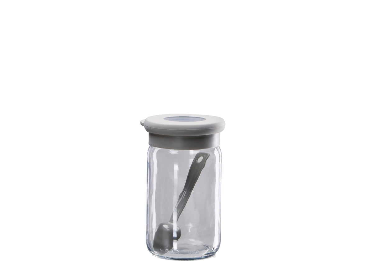 Barattolo in vetro con coperchio e cucchiaino 8xh.13cm, 2 colori assortiti
