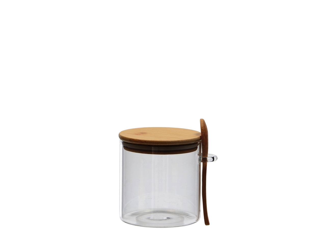 Barattolo vetro trasparente con coperchio e cucchiaino d.12xh11cm
