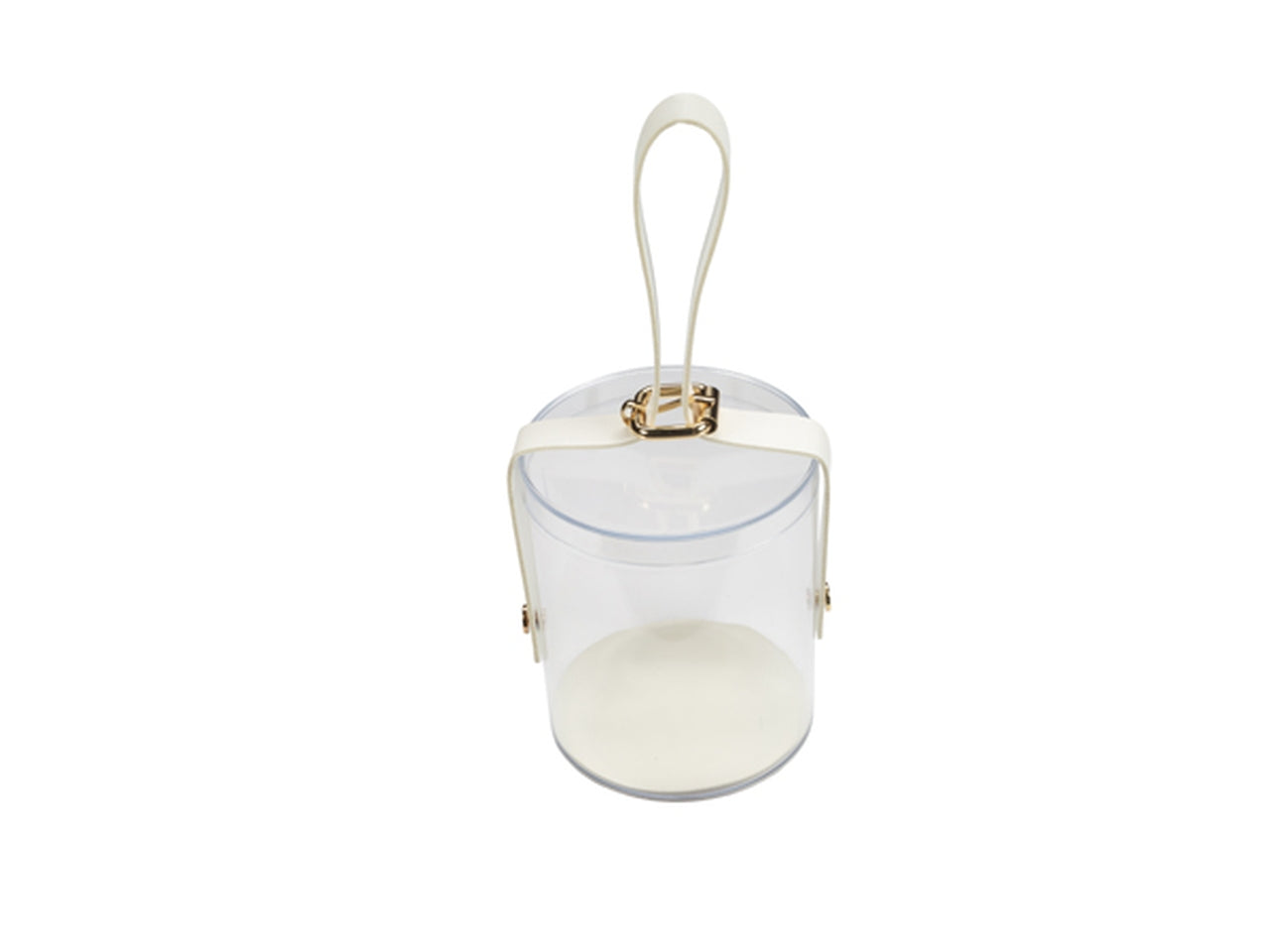 Scatola 8,5xh.10cm in pvc trasparente e manico in ecopelle bianco