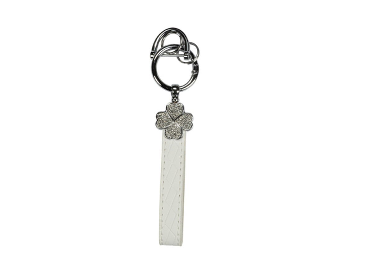 Portachiavi pelle  bianco con quadrifoglio in strass