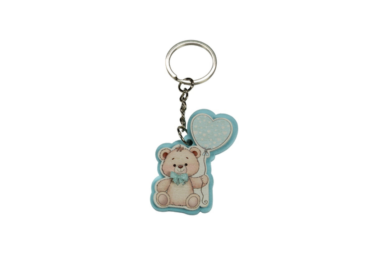 Portachiave orsetto in legno con cuore celeste