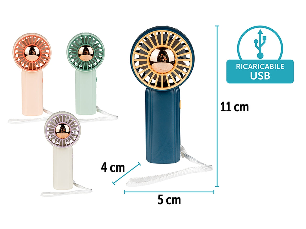 Ventilatore portatile ricaricabile con usb 5x4x11cm 4 assortiti