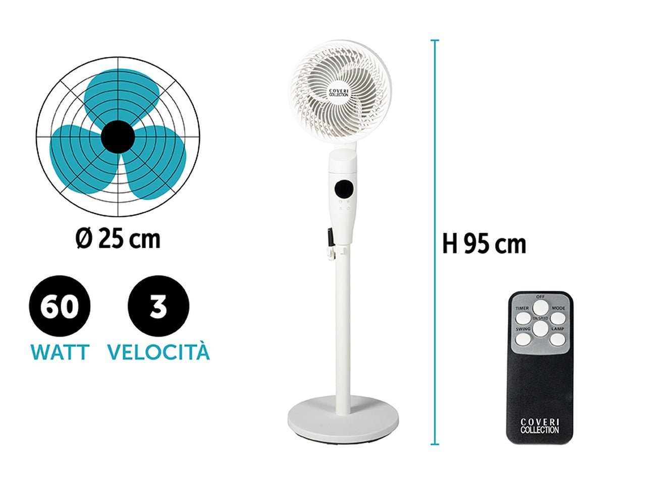 Ventilatore piantana 60w h.95cm con display e telecomando bianco