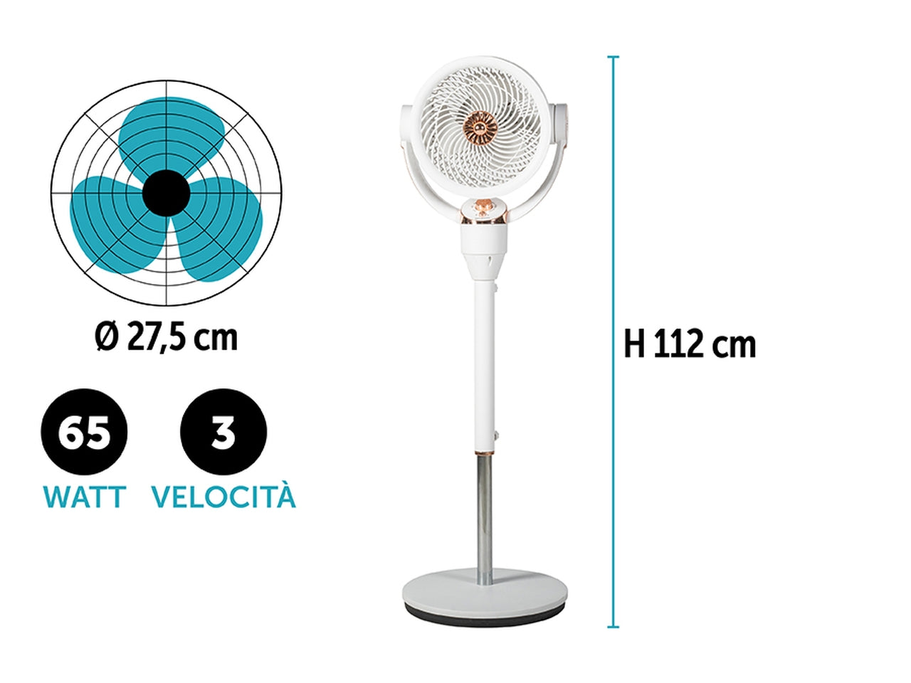 Ventilatore piantana 65w 3 velocitÃ  27x32x112 bianco