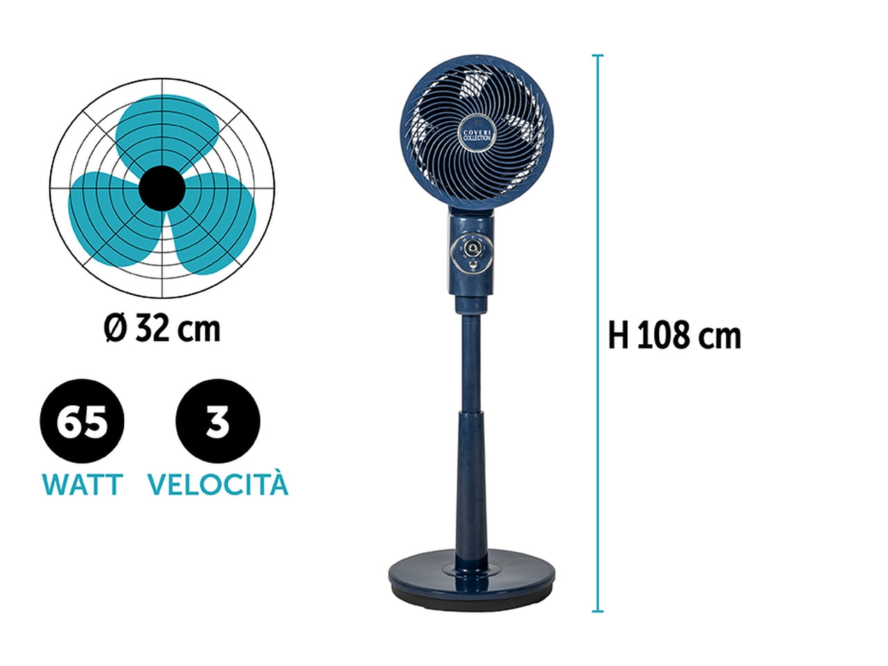 Ventilatore piantana 65w 3 velocitÃ  d.32xh.108cm blu