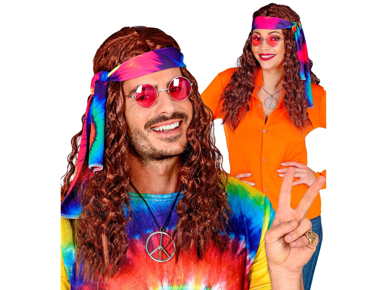 Parrucca hippie castana con fascia