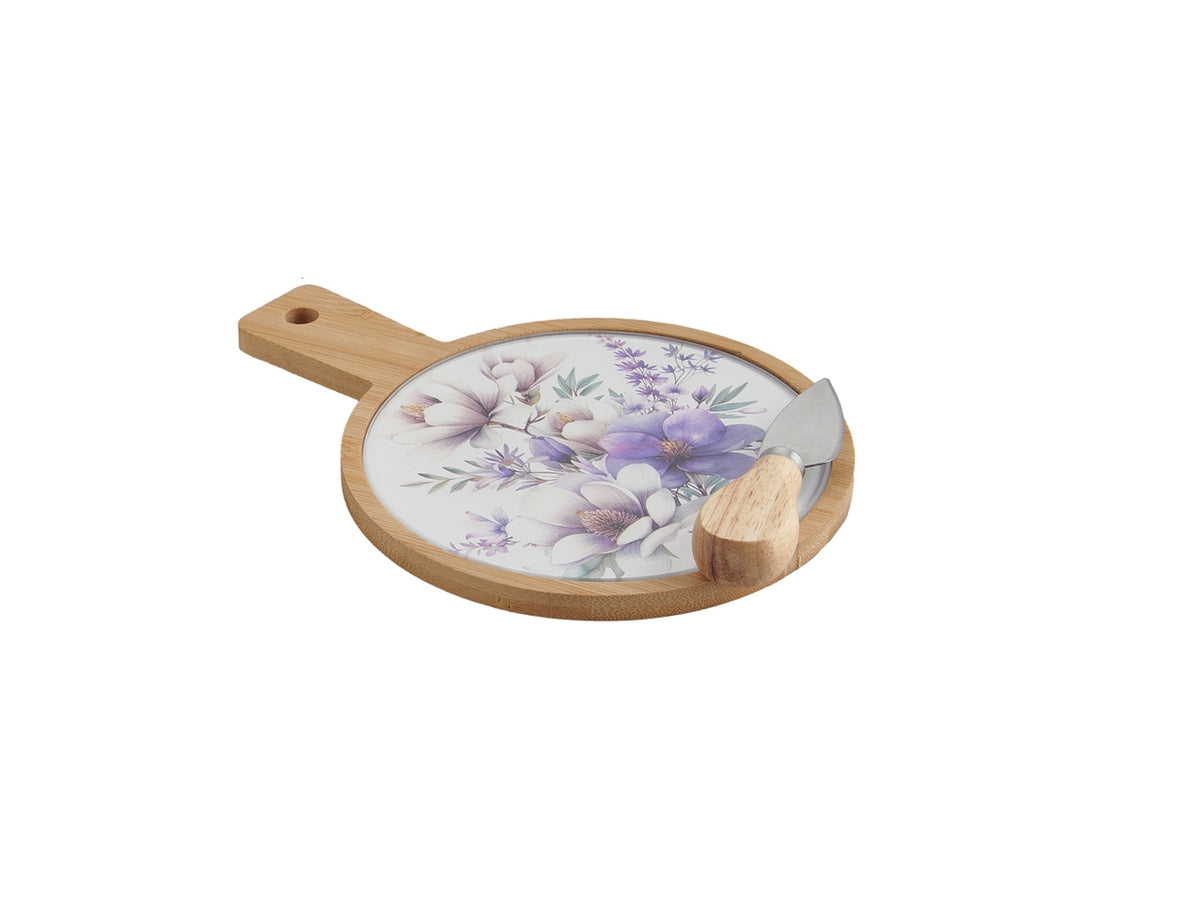 Set formaggio 16x26cm, tagliere fiorato violetto e coltellino