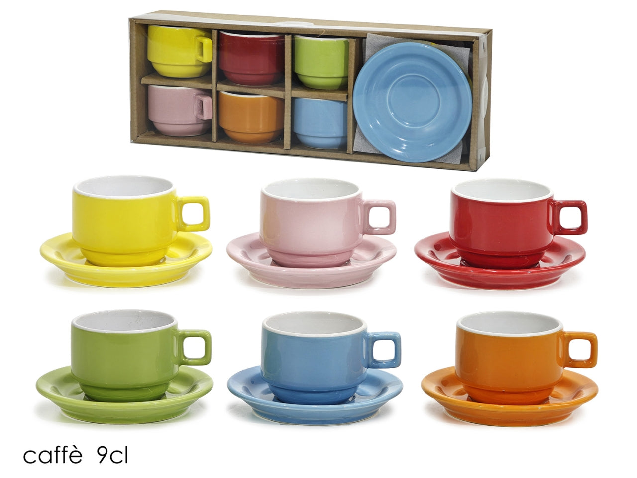 Tazzine caffe 9cl con piattino, set da  6 pezzi in colori assortiti