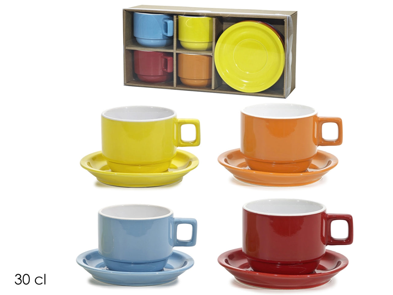 Tazze 30cl con piattino, set da 4 pezzi in colori assortiti