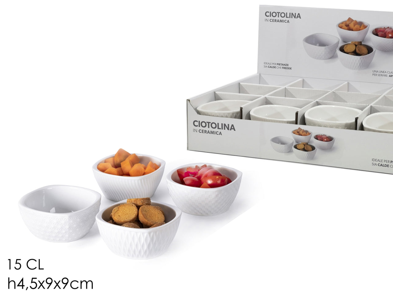 Ciotolina in ceramica tonda 15cl 9x9xh.4,5cm bianca in 4 assortimenti