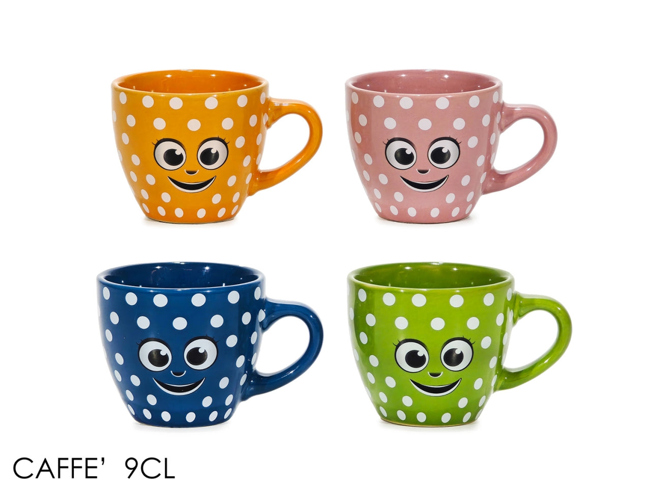 Tazzina da caffÃ¨ a pois e faccine 9cl, 4 colori assortiti