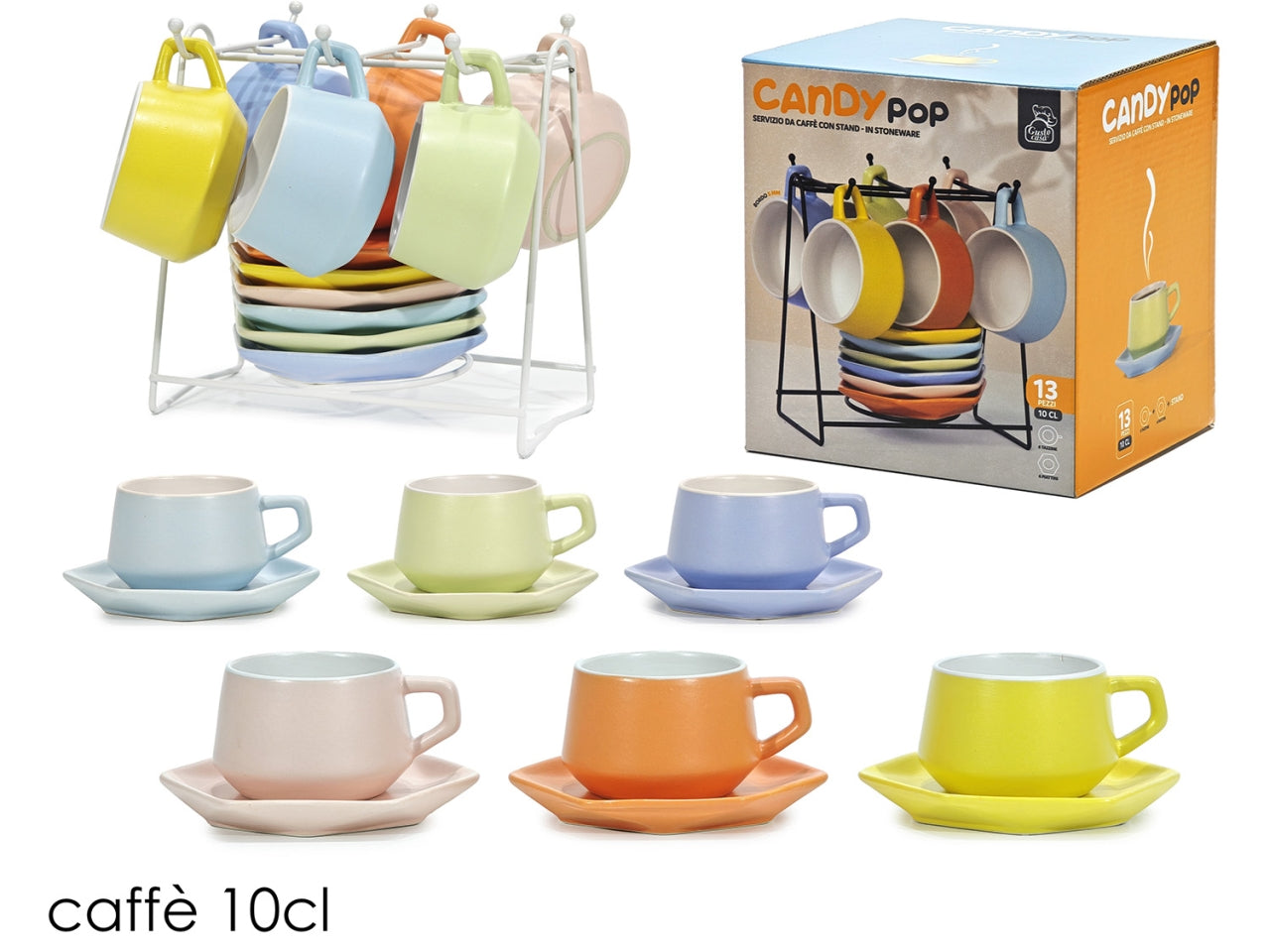 Tazzine caffe Candy pop con piattino e espositore, set da 6 pezzi