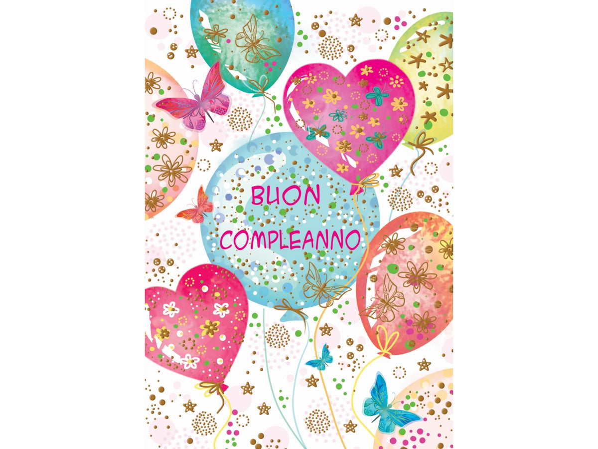Biglietto buon compleanno palloncini e cuori