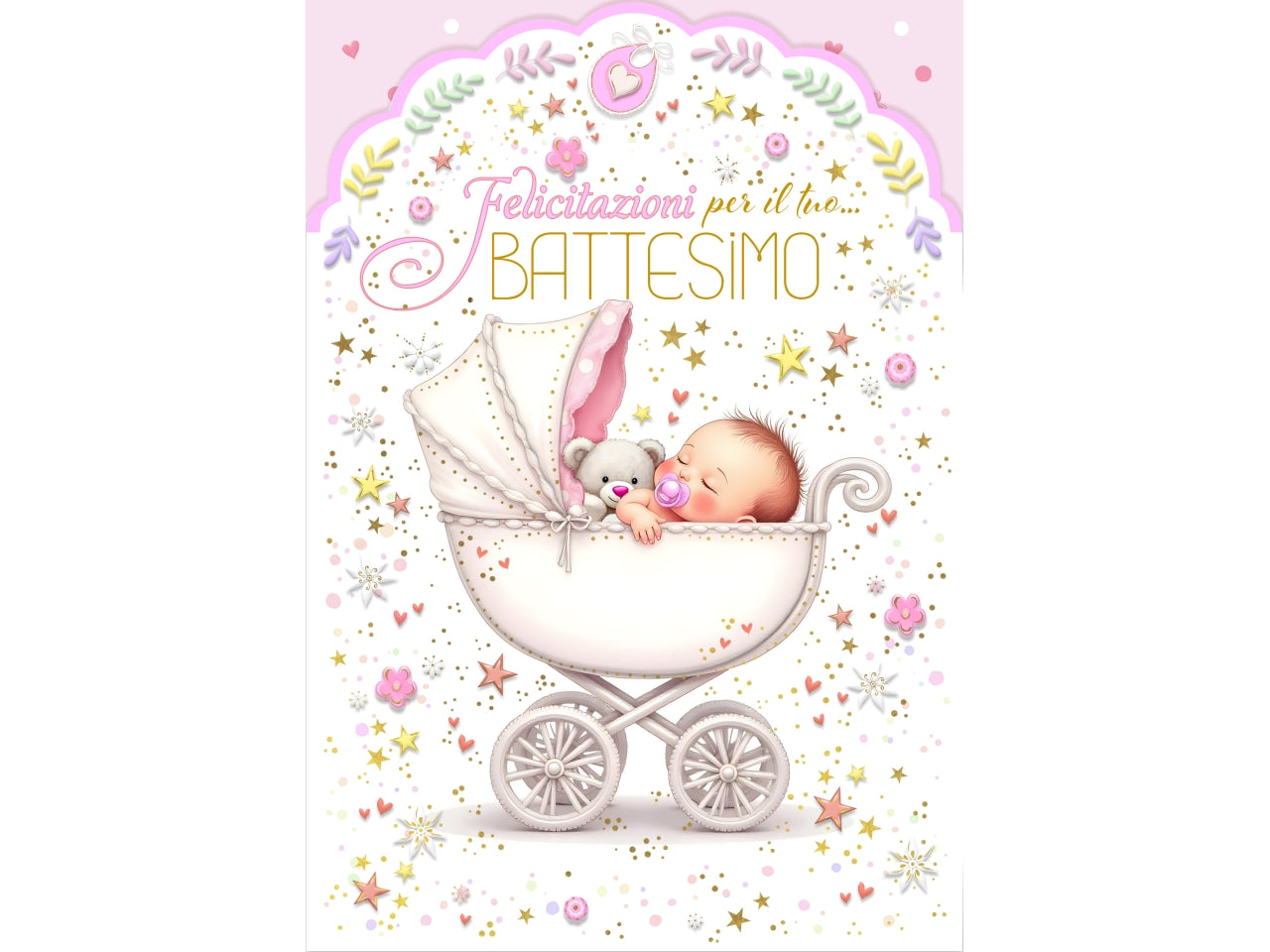 Biglietto felice battesimo carrozzina rosa