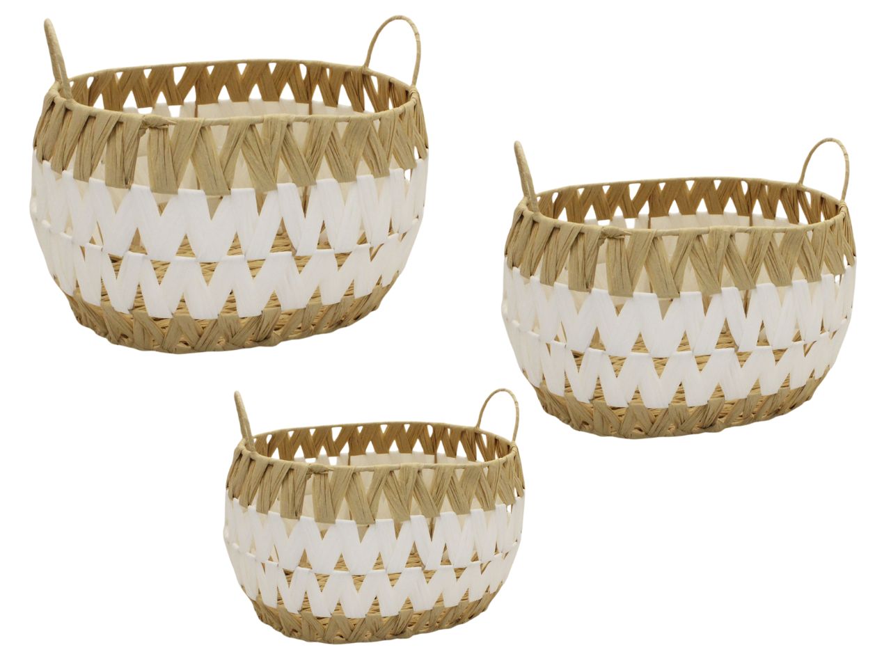 Cesti in rattan ovali set 3 pezzi bicolore, grande 36x34x23cm, medio 30x29x20cm, piccolo 24x23x17cm