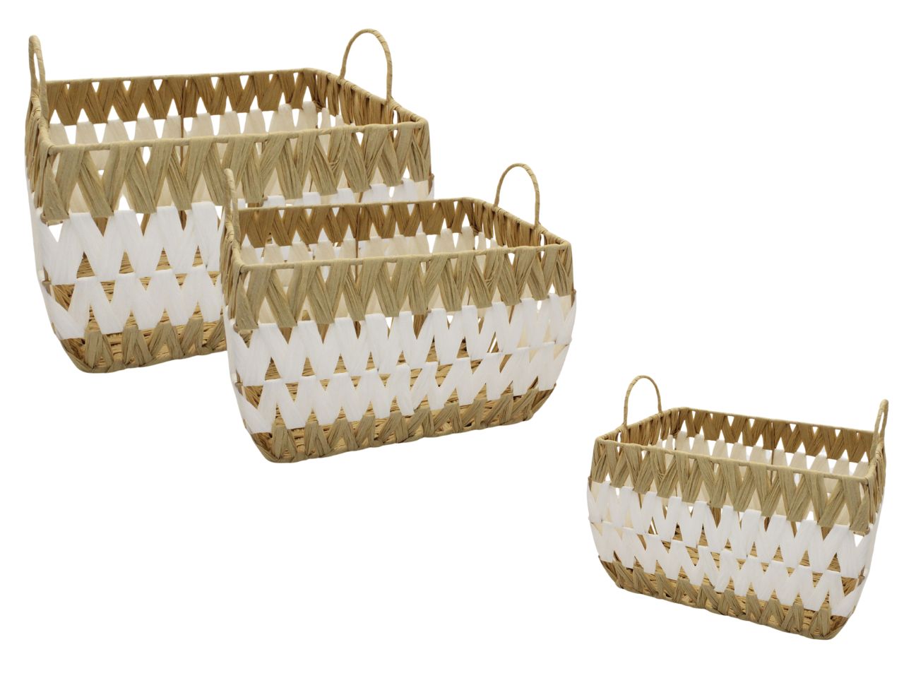 Cesti in rattan rettangolari set 3 pezzi bicolore, grande 35x32x23cm, medio 29x27x20cm, piccolo 23x21x17cm