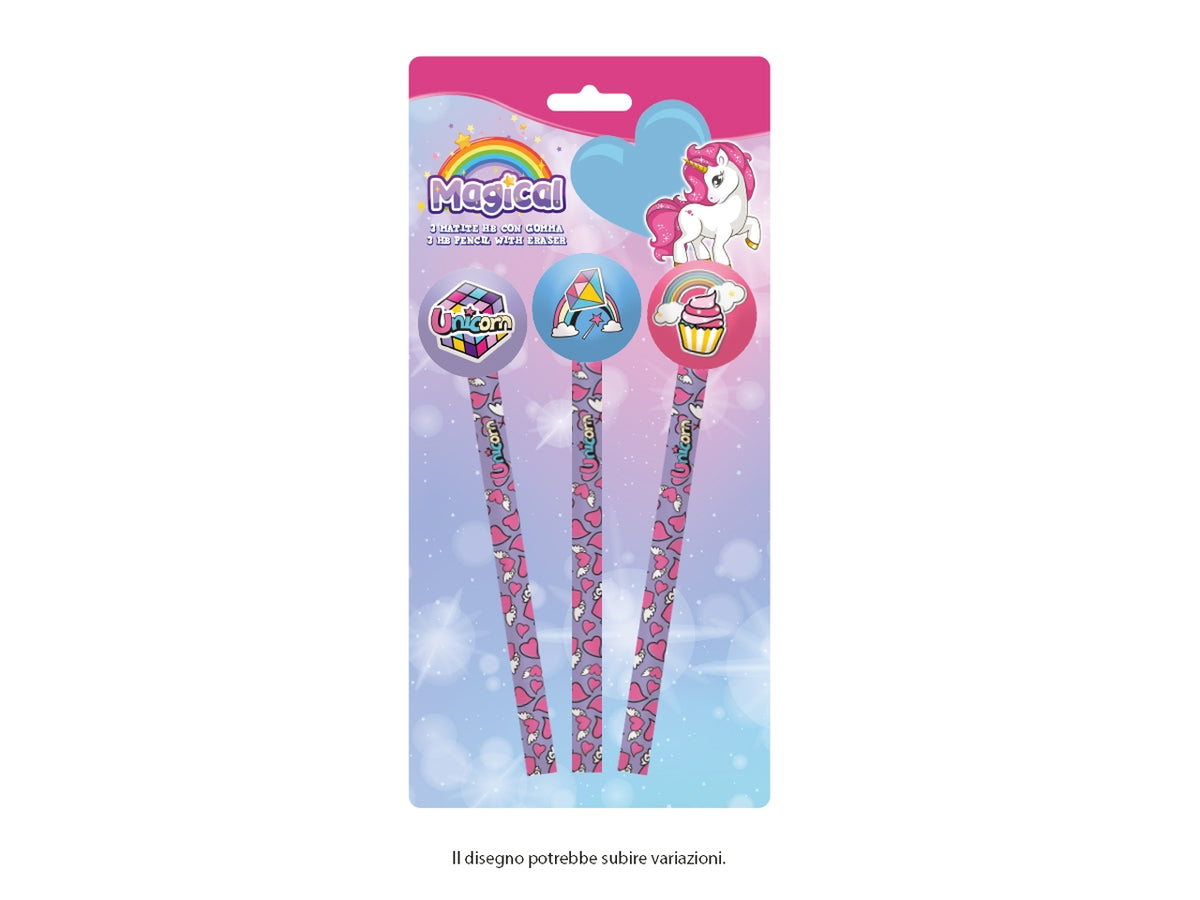 Unicorn Matite con gomma set da 3 matite
