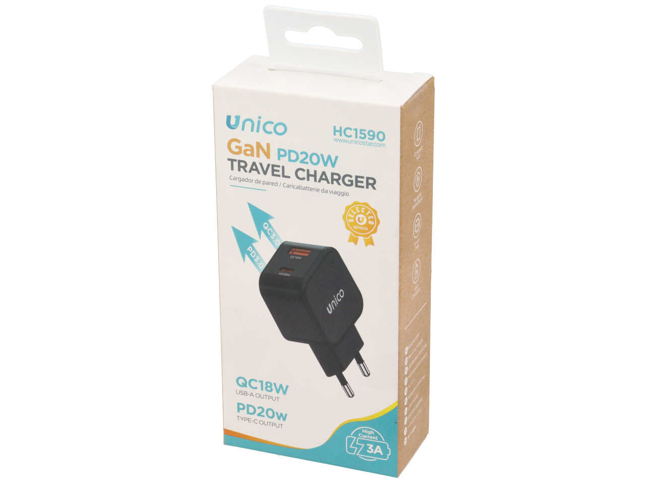 Caricatore Viaggio 2 Porte Type-C PD20W USB-A QC18W nero