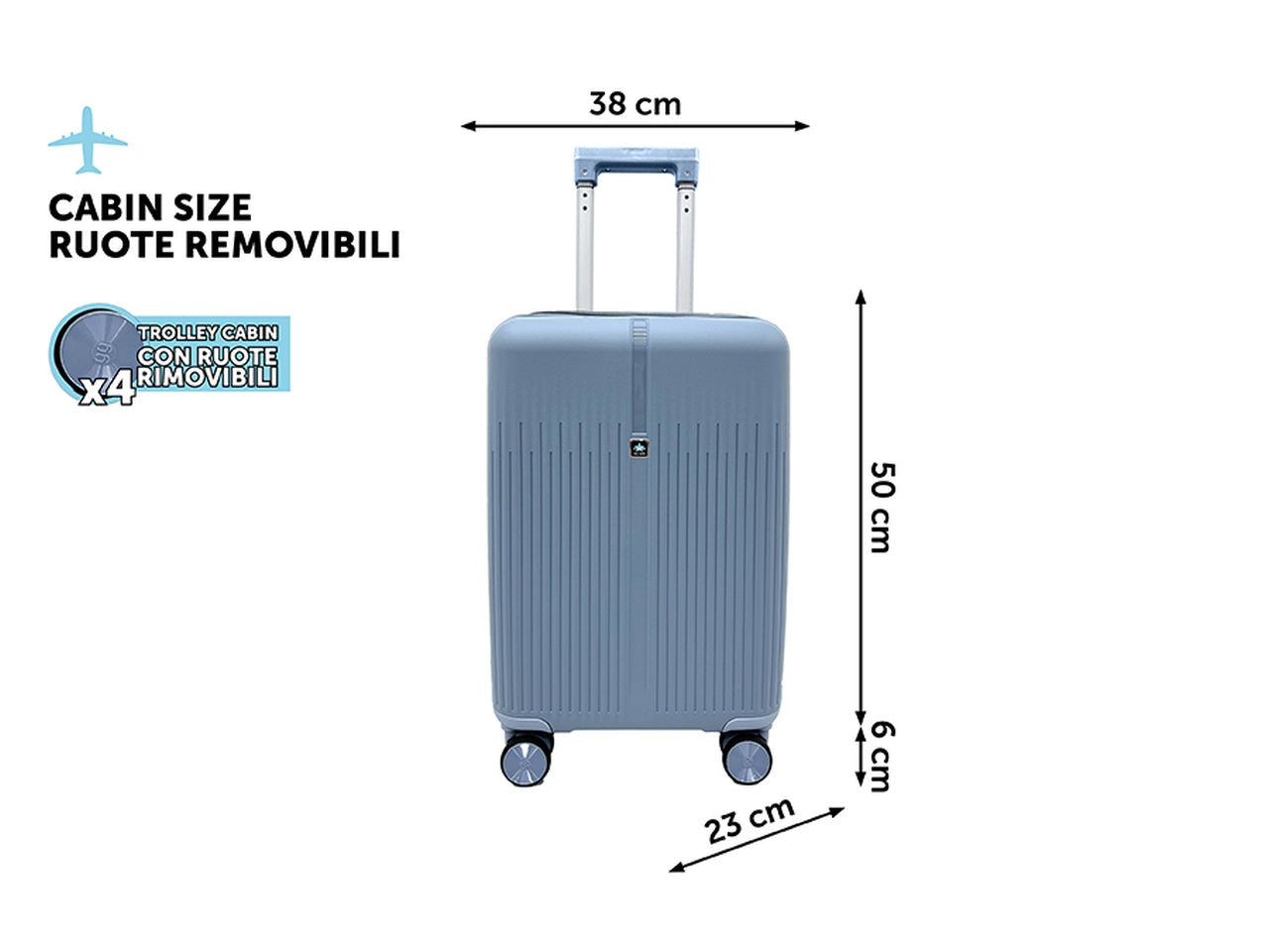 Trolley america h.56cm ruote removibili m.196 polvere abs 4 doppie ruote sacca a rete elastico ferma indumenti cerniera singola