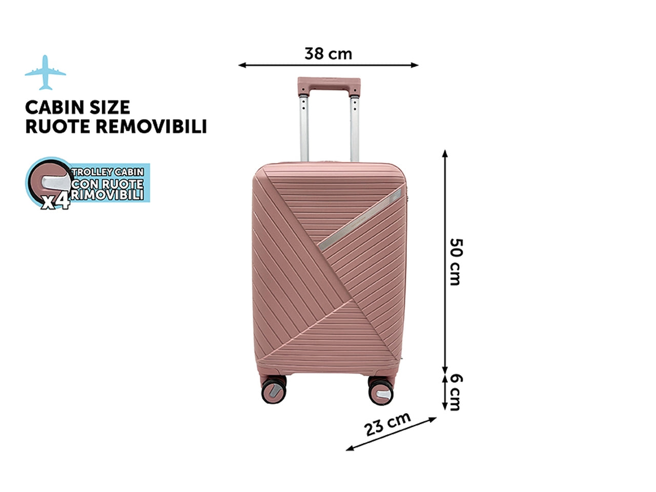 Trolley space h.56cm ruote removibili m.126 rosa abs 4 doppie ruote sacca a rete elastico ferma indumenti cerniera singola
