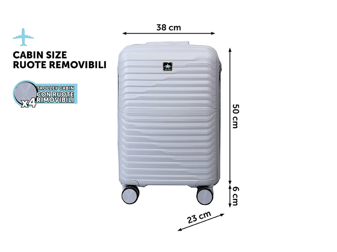 Trolley europa h.56cm ruote removibili argento coveri abs 4 doppie ruote sacca a rete elastico ferma indumenti cerniera singola