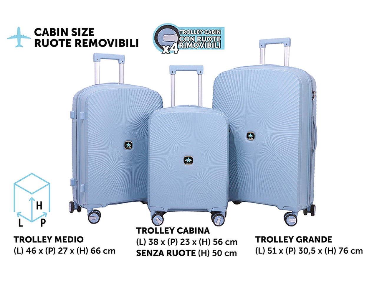 Trolley fly h.56/66/76cm polvere coveri set da 3 trolley abs 4 doppie ruote sacca a rete elastico ferma indumenti cerniera singola
