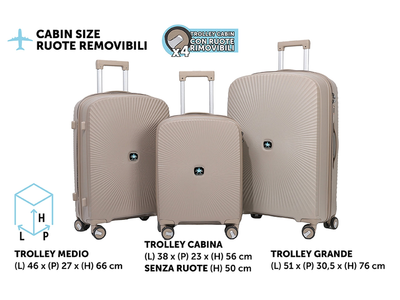 Trolley fly h.56/66/76cm tortora coveri set da 3 trolley abs 4 doppie ruote sacca a rete elastico ferma indumenti cerniera singola