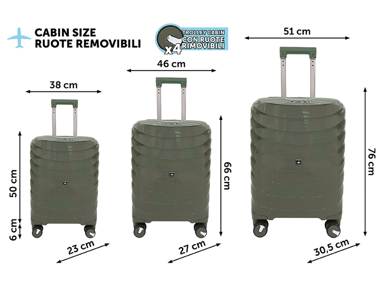 Trolley liberty h.56/66/76cm verde coveri set da 3 trolley abs 4 doppie ruote sacca a rete elastico ferma indumenti cerniera singola