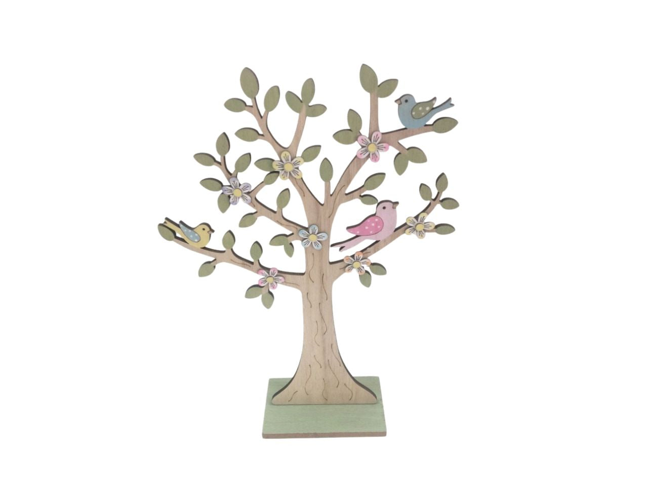 Albero mdf su base con fiori+uccellino h.36x25x7cm i misura