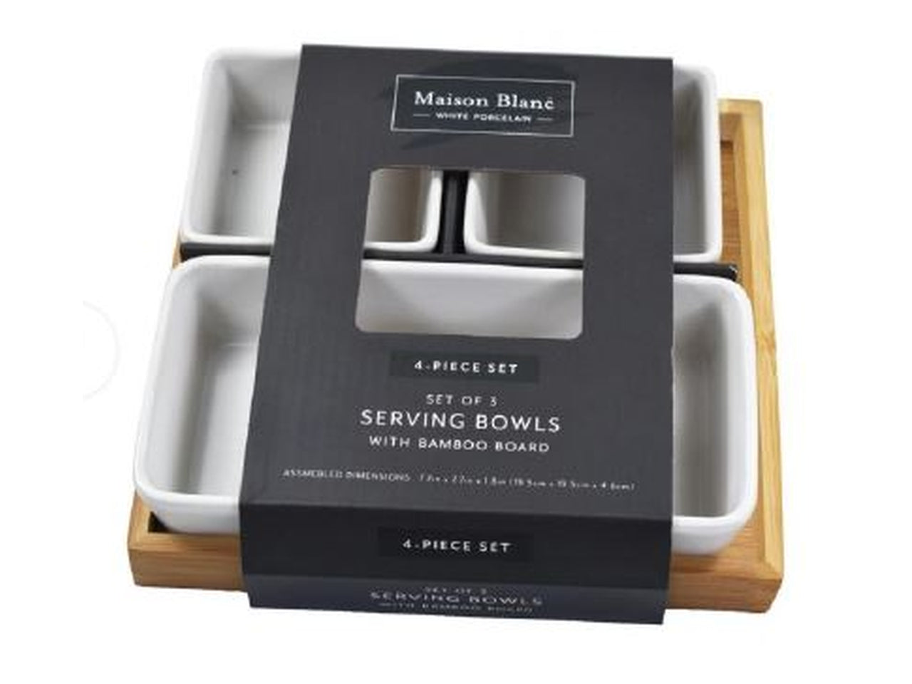 Ciotole ceramica con vassoio legno set da 3 ciotole 19x19x4,5cm bianco