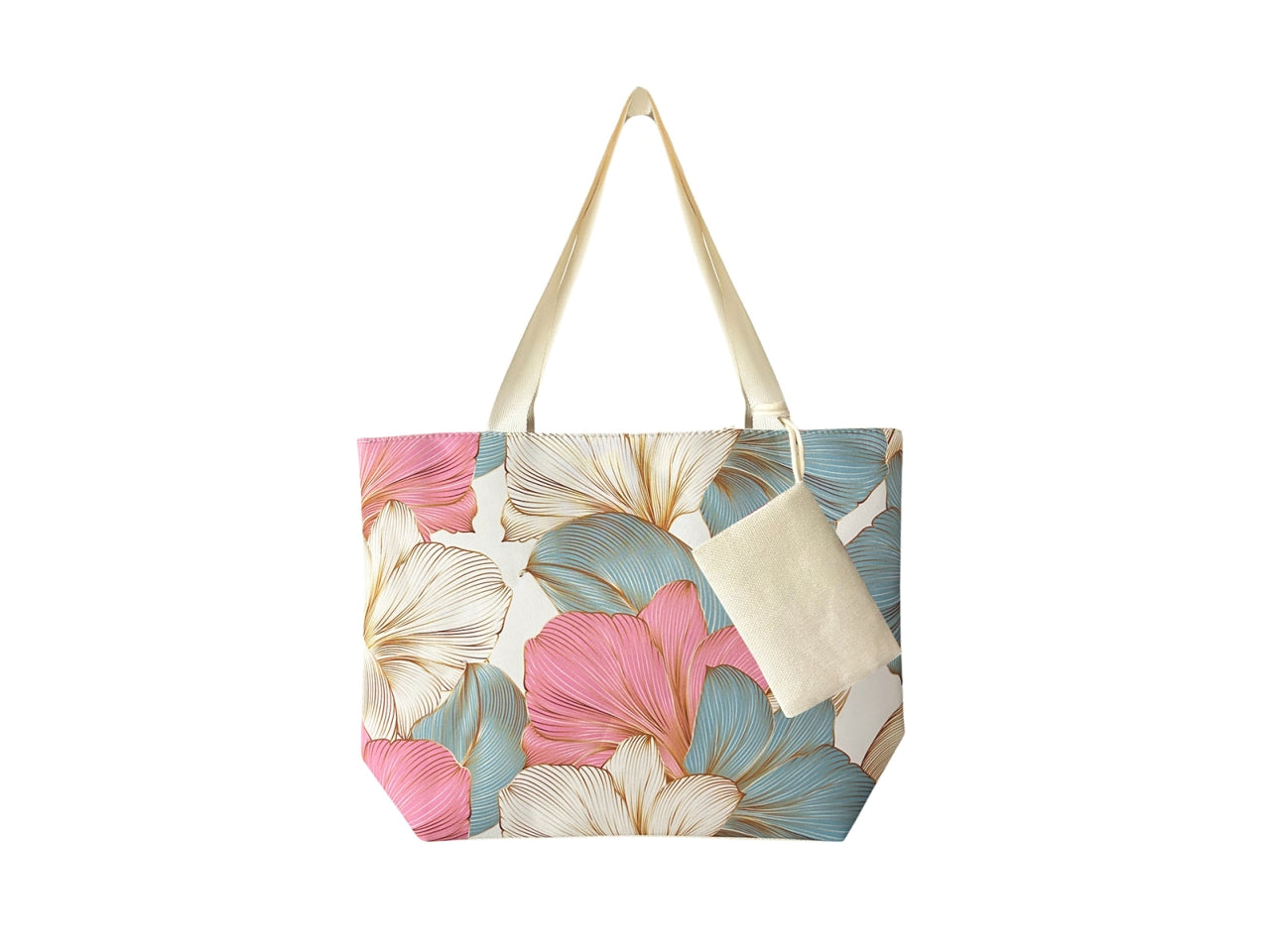 Borsa mare in canvas fantasia a fiori rosa e celeste con pochette