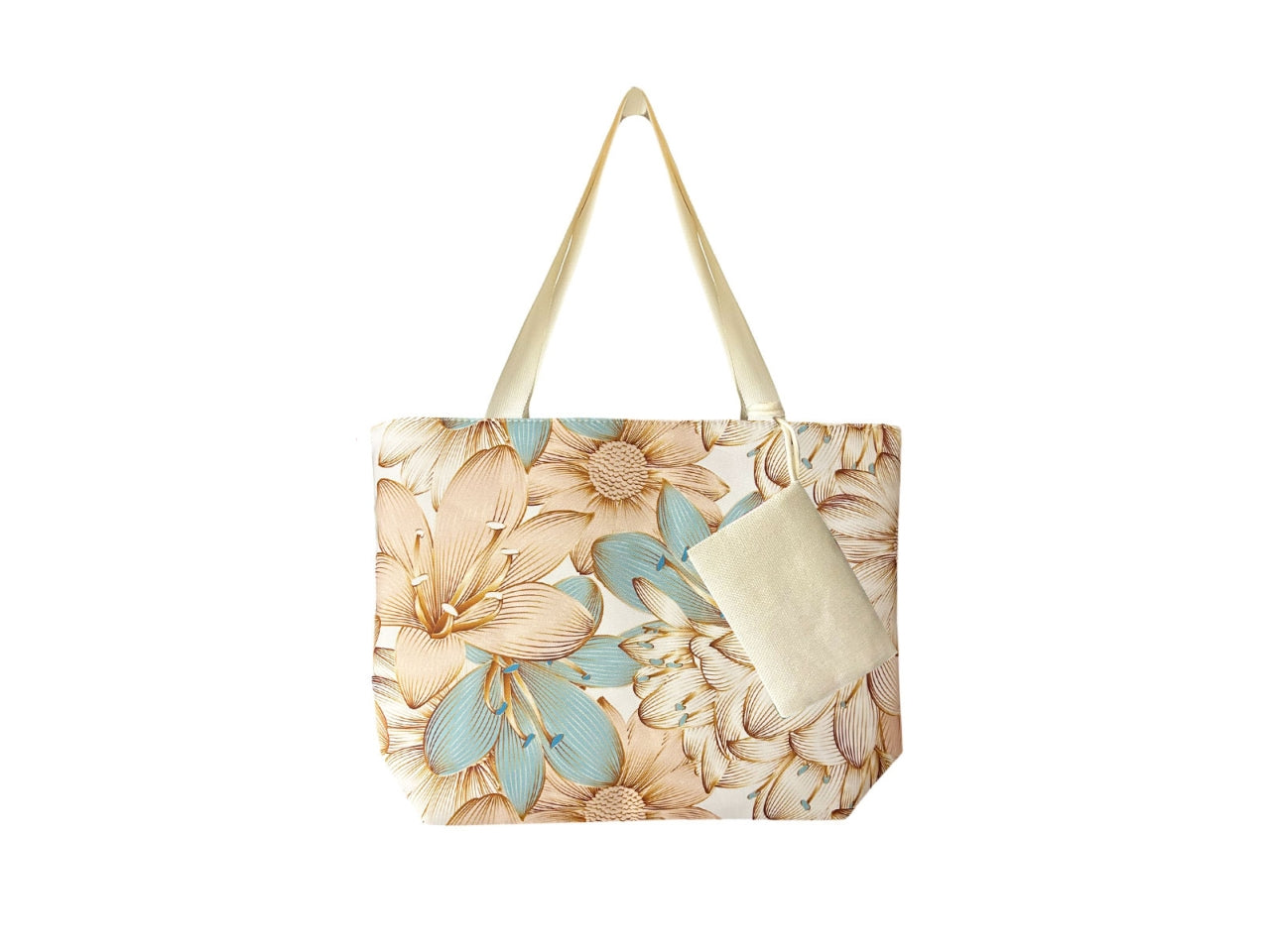 Borsa mare in canvas fantasia a fiori nude e celeste con pochette