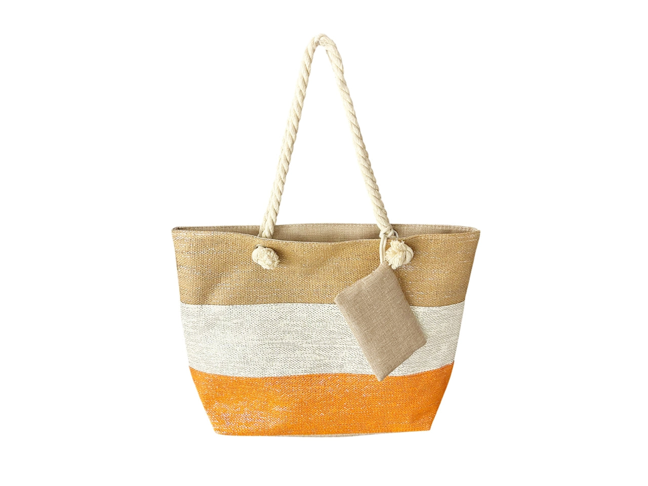 Borsa mare in canvas a righe 3 toni, arancio, beige e panna con pochette