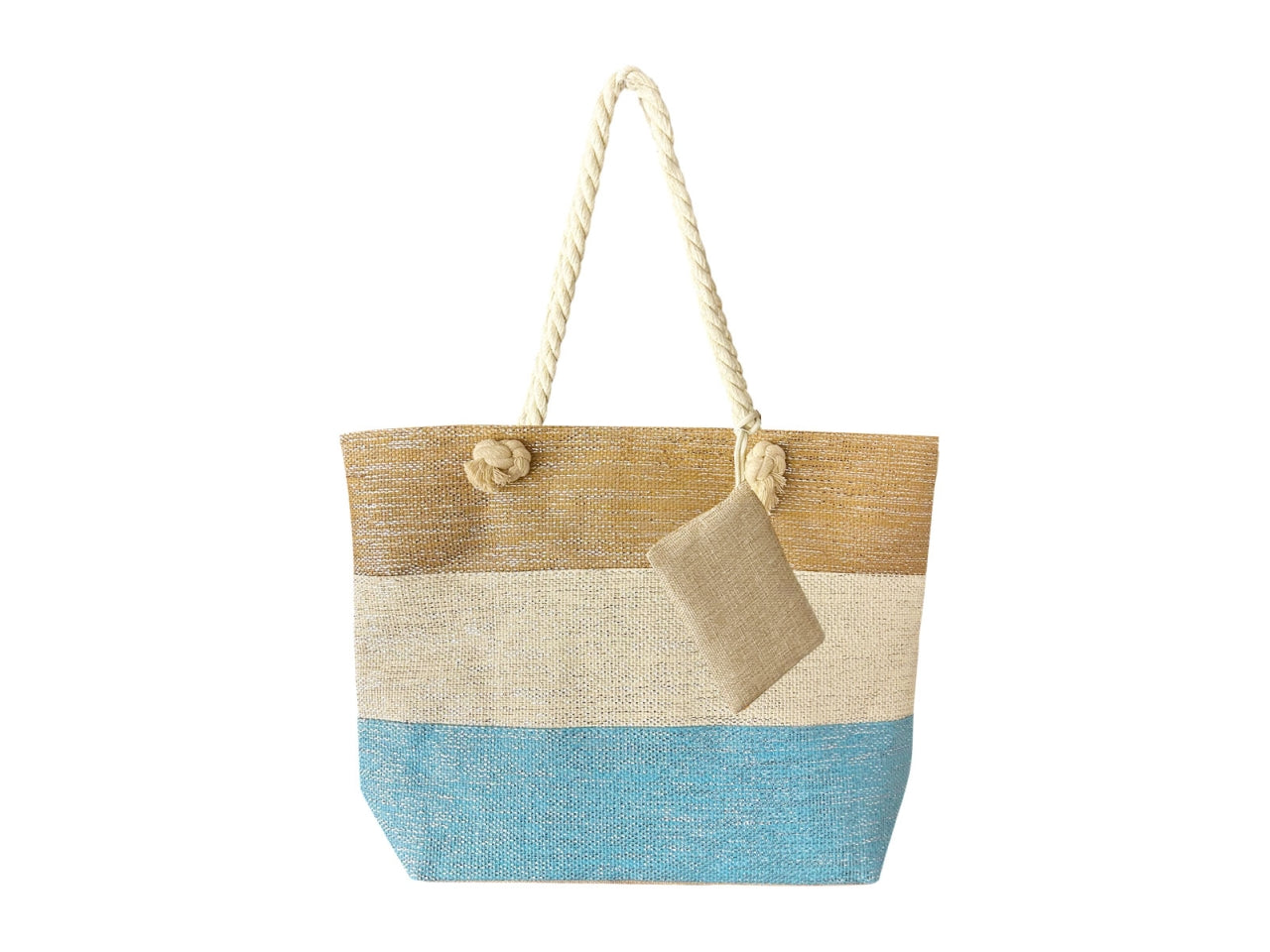 Borsa mare in canvas a righe 3 toni, turchese, beige e panna con pochette