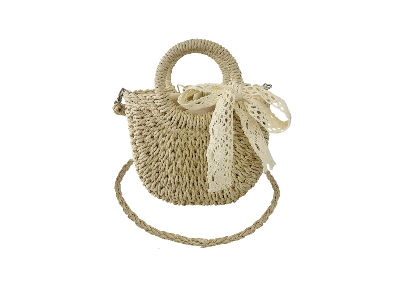 Borsa in paglia piccola con fiocco e tracolla colore bianco