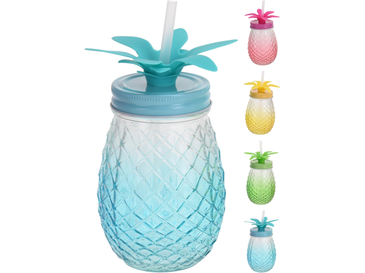 Bicchiere in vetro a forma di ananas con coperchio in metallo coordinato e cannuccia trasparente in PP. CapacitÃ  400ml, dimensioni 9x9x14cm In 4 colori assortiti: vetro trasparente con sfumatura colorata e coperchio abbinato. Non adatto alla lavastovigli