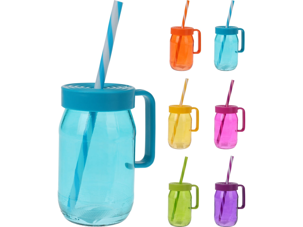Bicchiere da 370ml con manico in PP, coperchio e cannuccia. Dimensioni d.7xh.12cm, peso 195gr Disponibile in 6 colori assortiti spruzzati