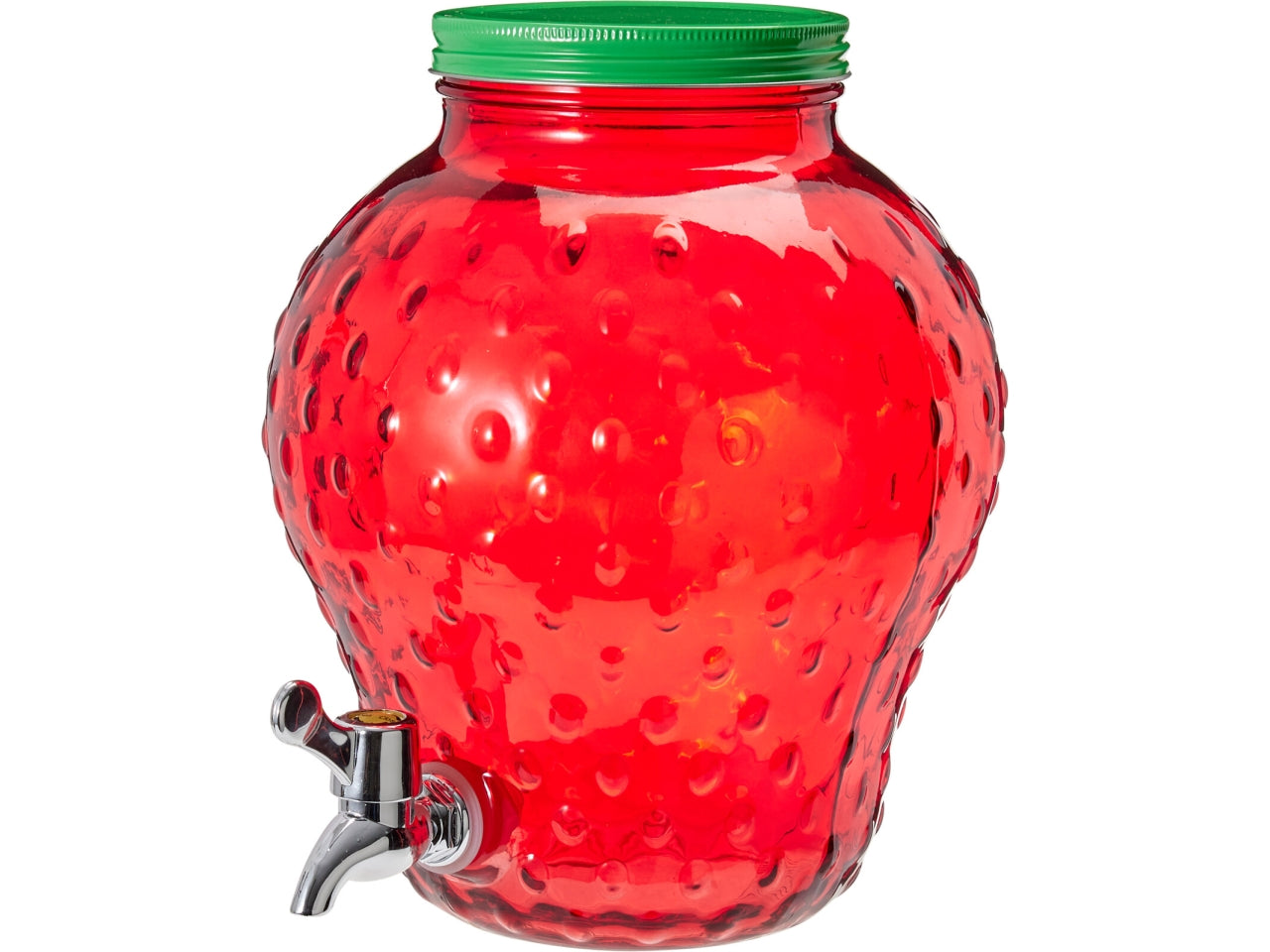 Dispenser per bevande in vetro 4Lt a forma di fragola, rosso con coperchio in metallo verde e rubinetto in PP argentato