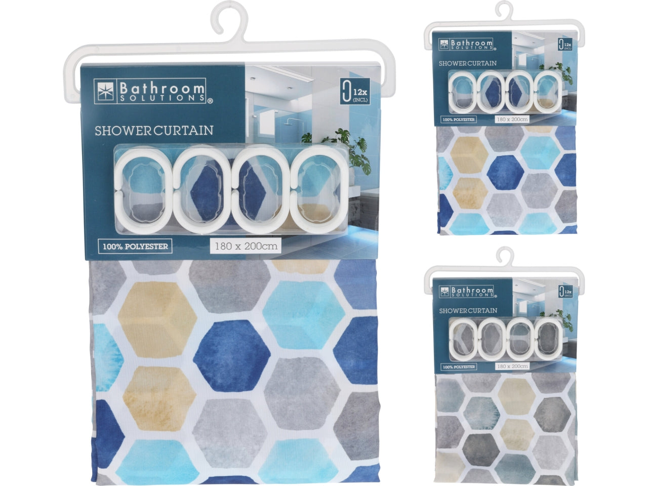 Tenda da doccia in poliestere 100%, misura 180x200cm, 85gr Inclusi 12 ganci in PP ripiegati all'interno. Disponibile in 2 design assortiti, ciascuno con headercard e gancio in PP.