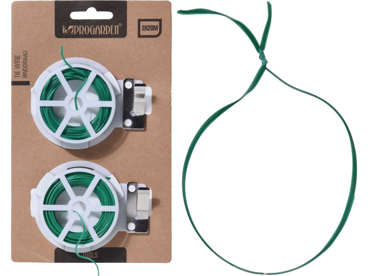 Filo metallico con rivestimento in PE verde, set da 2 pezzi da 20m ciascuno. Dotato di taglierino integrato e confezionato su scheda tie-on.