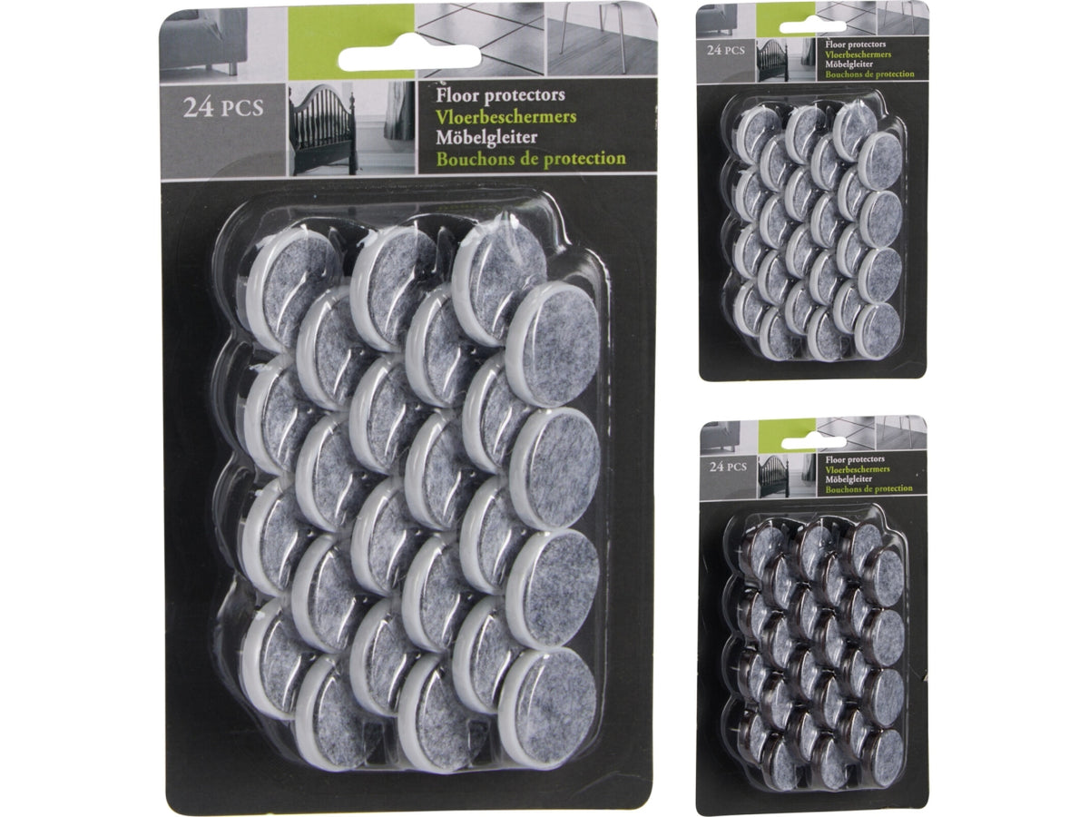 Set di 24 paracolpi per pavimento d.2,8cm in feltro, PP e acciaio. Feltro grigio e PP in 2 colori assortiti