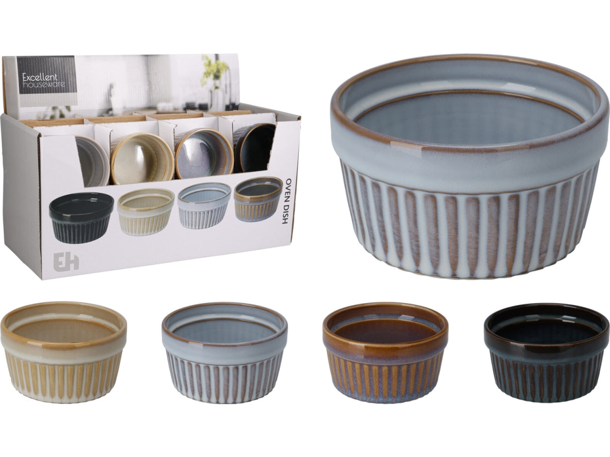 Pirofila in gres con capacitÃ  di 200ml, dimensioni d.9,5xh.5cm. Disponibile in 4 colori assortiti con smalto reactive glaze