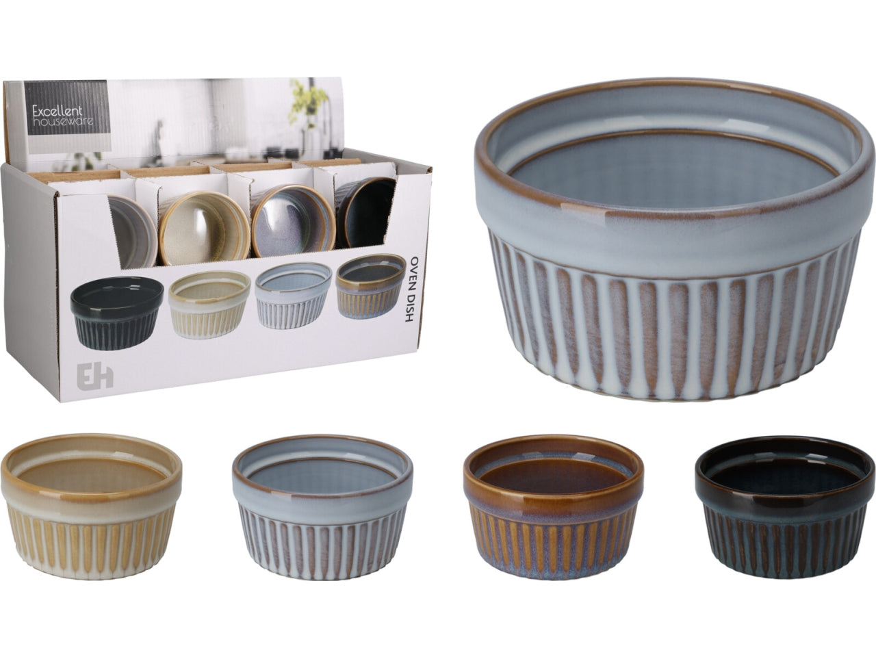 Pirofila in gres con capacitÃ  di 200ml, dimensioni d.9,5xh.5cm. Disponibile in 4 colori assortiti con smalto reactive glaze