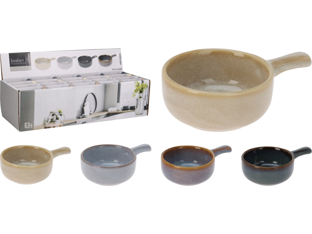Pirofila da forno in faience con manico, capacitÃ  90ml. Dimensioni 7x7,2x3,4cm. Smalto reactive all interno e all esterno in 4 colori assortiti
