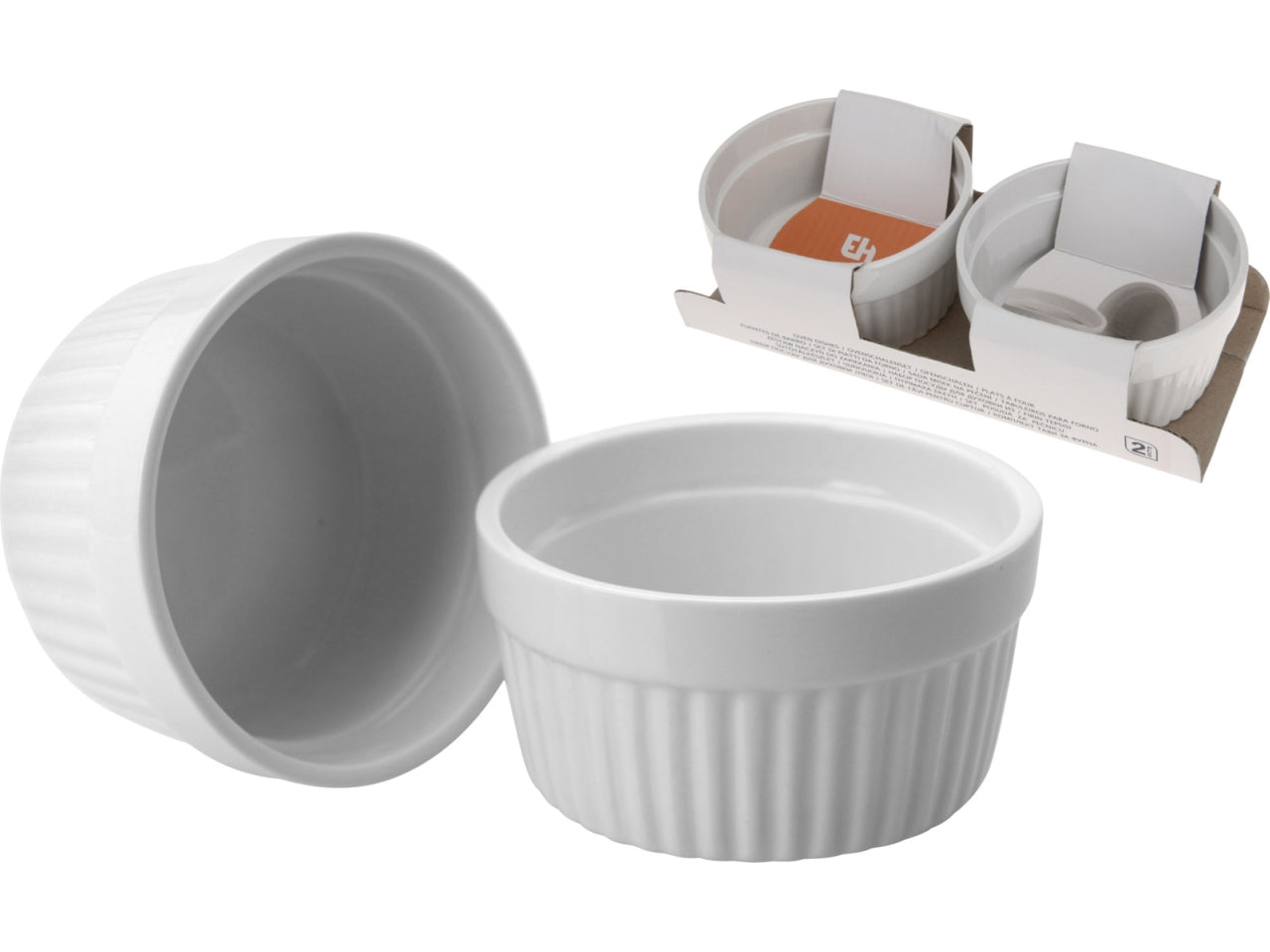 Pirofile da forno in porcellana con capacitÃ  di 200ml, dimensioni 9x4,6cm. Set da 2 pezzi in colore bianco pieno, ogni set confezionato in una fascetta a colori aperta su due lati.