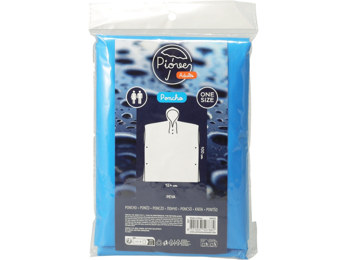 Poncho antipioggia per adulti taglia unica in PEVA, colore blu brillante. Con cappuccio e lacci bianchi. Dimensioni H.100xL.124cm.