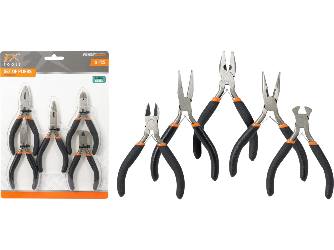 Set di 5 mini pinze in acciaio al carbonio con manici in PP bicolore nero/arancione. Include mini tronchese frontale 105mm, mini pinza da elettricista 120mm, mini pinza a becchi piatti 120mm, mini tronchese diagonale 110mm e mini pinza a becchi lunghi 120